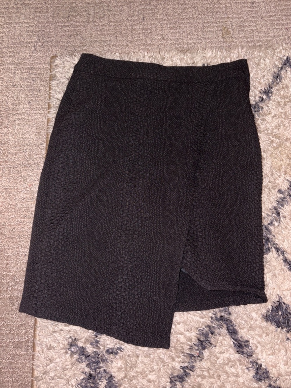 Divided Black Textured Pencil Skirt with Wrap Detail